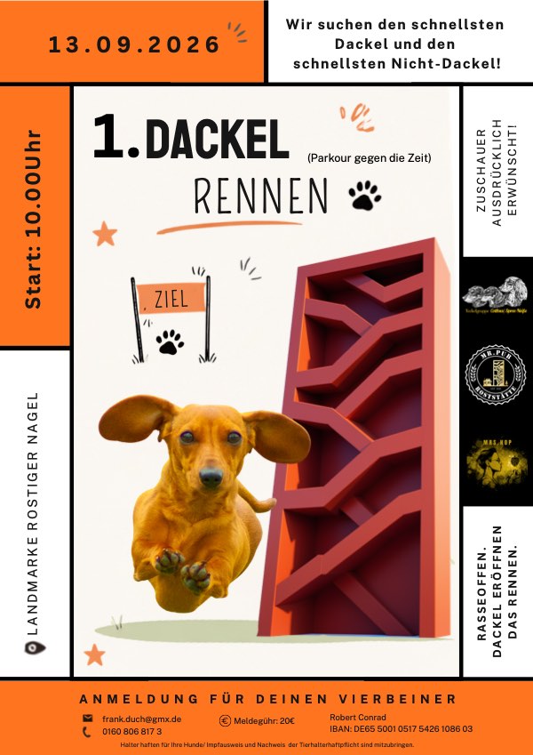 Plakat zum 1. Dackelrennen am 13.09.2026: ein springender Dackel vor einem orange-roten Parcours-Hindernis, daneben eine Zielflagge. Am Rand die Logos der Teckelgruppe Cottbus/Spree-Neiße, der Mr. Pub Roststätte und von MRS.HOP sowie alle Eckdaten der Veranstaltung.