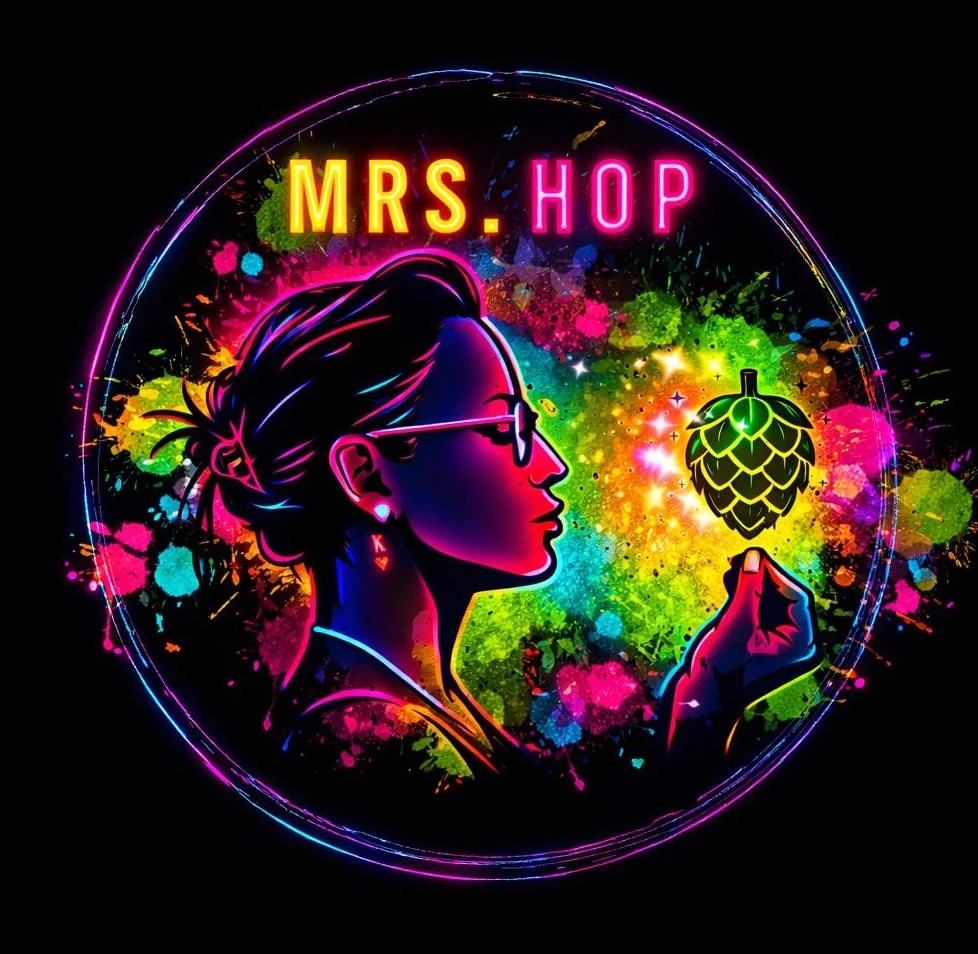MRS.HOP Neon Logo – Frauensilhouette mit Hopfendolde